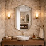 Handmade curved crown brass wall mirror with softly arched top and solid brass frame above bathroom vanity.