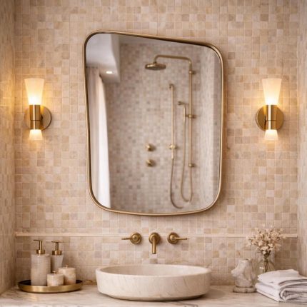 Rounded Rectangle Brass Mirror with solid brass frame and clear glass for bathroom vanity