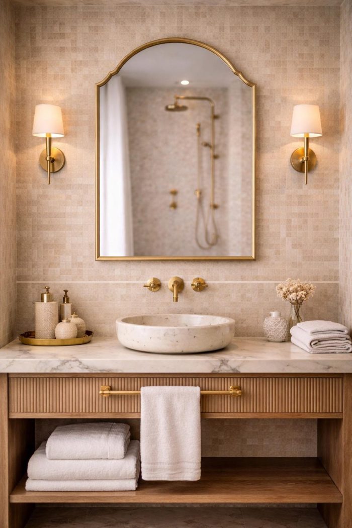 Arched Brass Mirror with curved brass frame above a bathroom vanity