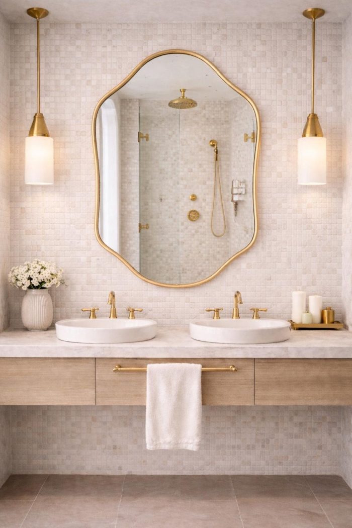 Handmade sculpted oval brass wall mirror with flowing curved edges and solid brass frame above double bathroom vanity.