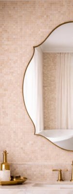 Handmade curved crown brass wall mirror with scalloped edges and solid brass frame above bathroom vanity.