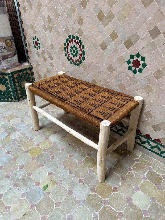 Caramel Brown Cord Bench handcrafted from solid eucalyptus wood with a handwoven caramel brown cord seat