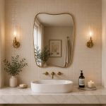 Organic Brass Mirror handcrafted with an irregular solid brass frame for modern bathroom wall décor