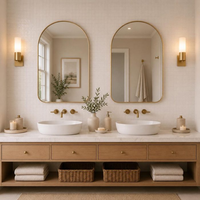 Arched Brass Bathroom Mirror with slim brass frame above modern bathroom vanity