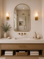 Arched Brass Bathroom Mirror with slim brass frame above modern bathroom vanity