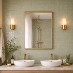 Handmade rectangular brass wall mirror with slim solid brass frame displayed above a double bathroom vanity.