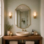 Handmade Double Crest Brass Mirror above stone vessel sink and wooden vanity