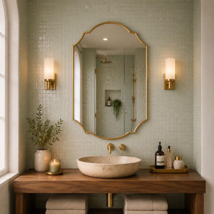 Handmade Double Crest Brass Mirror above stone vessel sink and wooden vanity