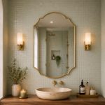 Handmade Double Crest Brass Mirror above stone vessel sink and wooden vanity