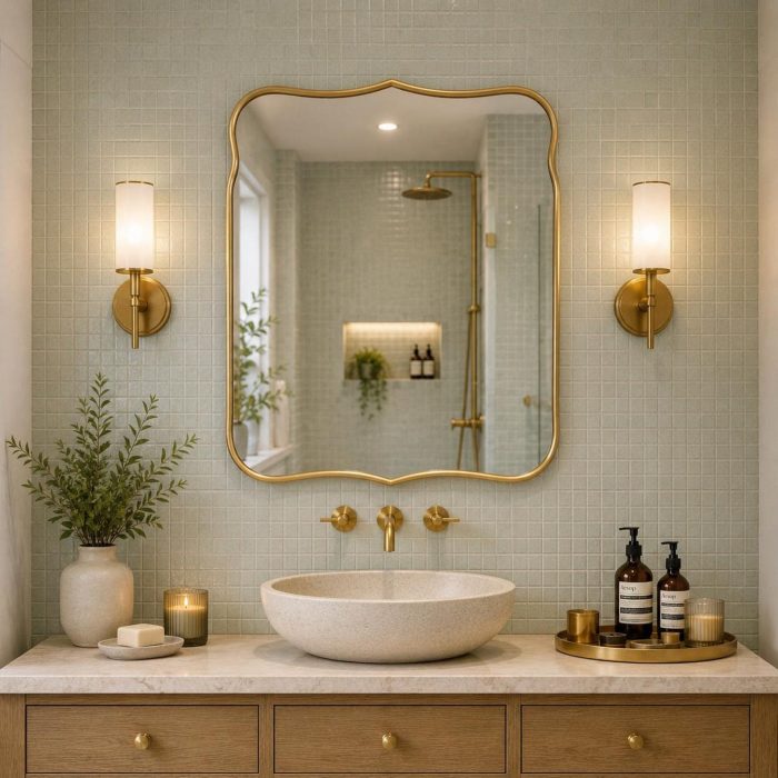 Handmade Curved Edge Brass Mirror with sculpted frame in tiled bathroom