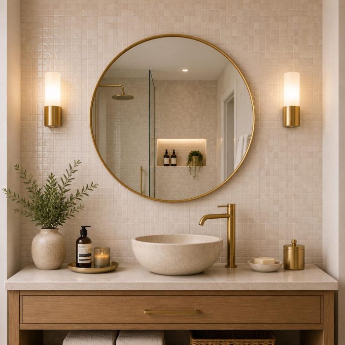 Modern Round Brass Mirror handcrafted with a slim solid brass frame for bathroom wall décor