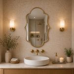 Handmade scalloped brass bathroom mirror with decorative curved frame