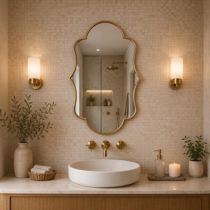 Handmade scalloped brass bathroom mirror with decorative curved frame