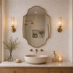 Arched Shield Brass Mirror with handmade brass frame above bathroom vanity