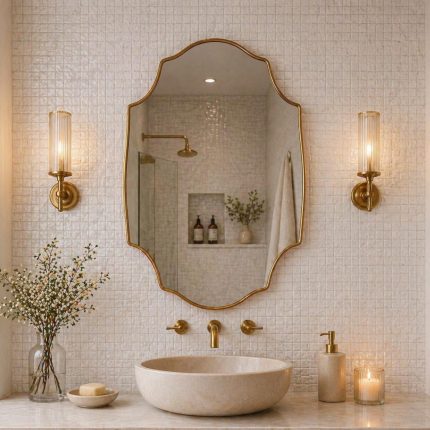 Arched Shield Brass Mirror with handmade brass frame above bathroom vanity