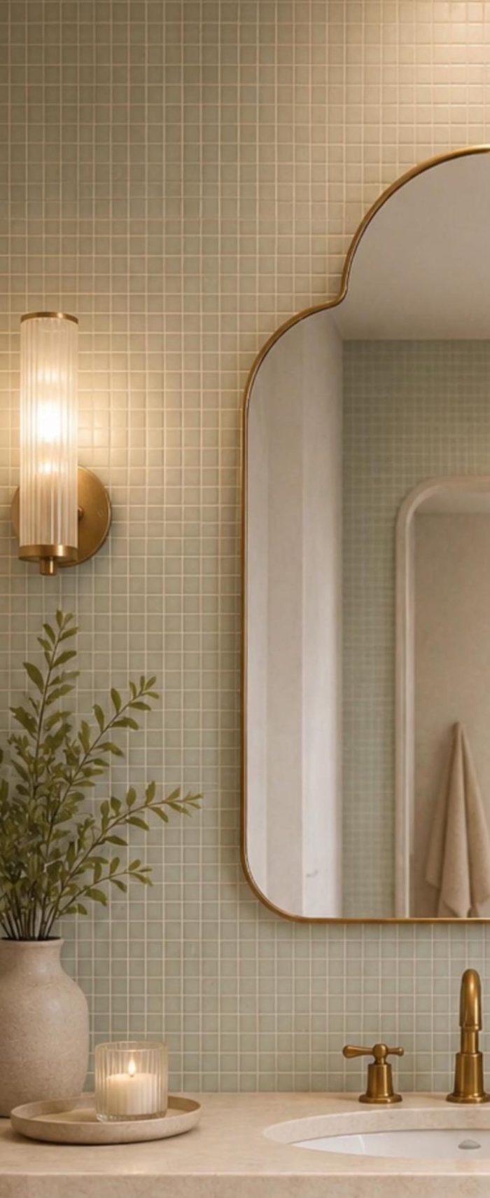 Handmade rounded crown brass wall mirror with clear glass and solid brass frame displayed above an elegant bathroom vanity.