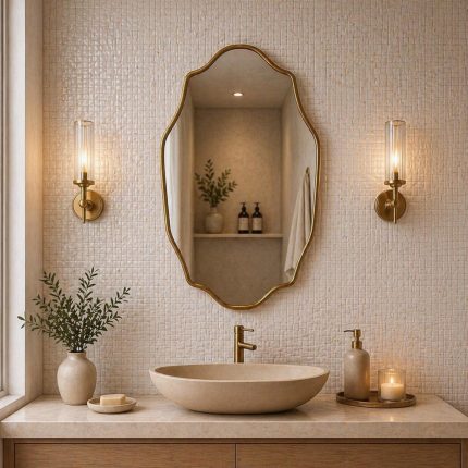 Scalloped Brass Mirror with handmade Moroccan brass frame above bathroom vanity