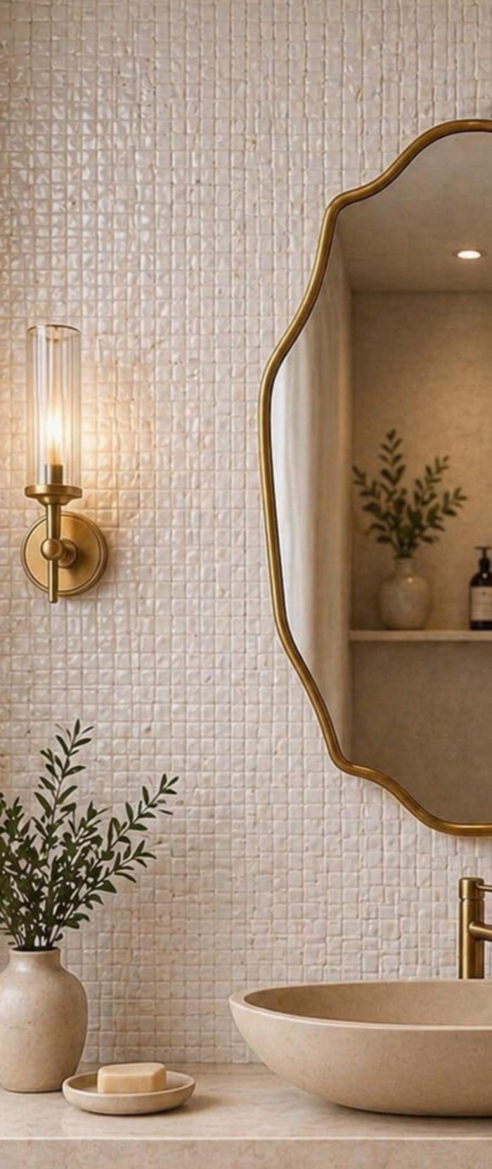 Scalloped Brass Mirror with handmade Moroccan brass frame above bathroom vanity
