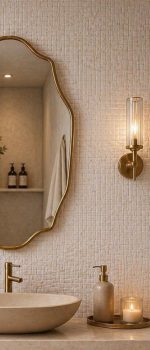 Scalloped Brass Mirror with handmade Moroccan brass frame above bathroom vanity
