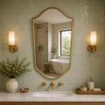 Handmade Curved Shield Brass Mirror with brass frame above wooden bathroom vanity