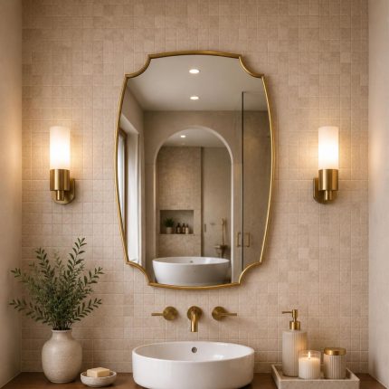 Scalloped Brass Wall Mirror with curved solid brass frame handmade in Morocco