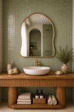 Handmade organic curved brass vanity mirror with freeform solid brass frame in bathroom interior.