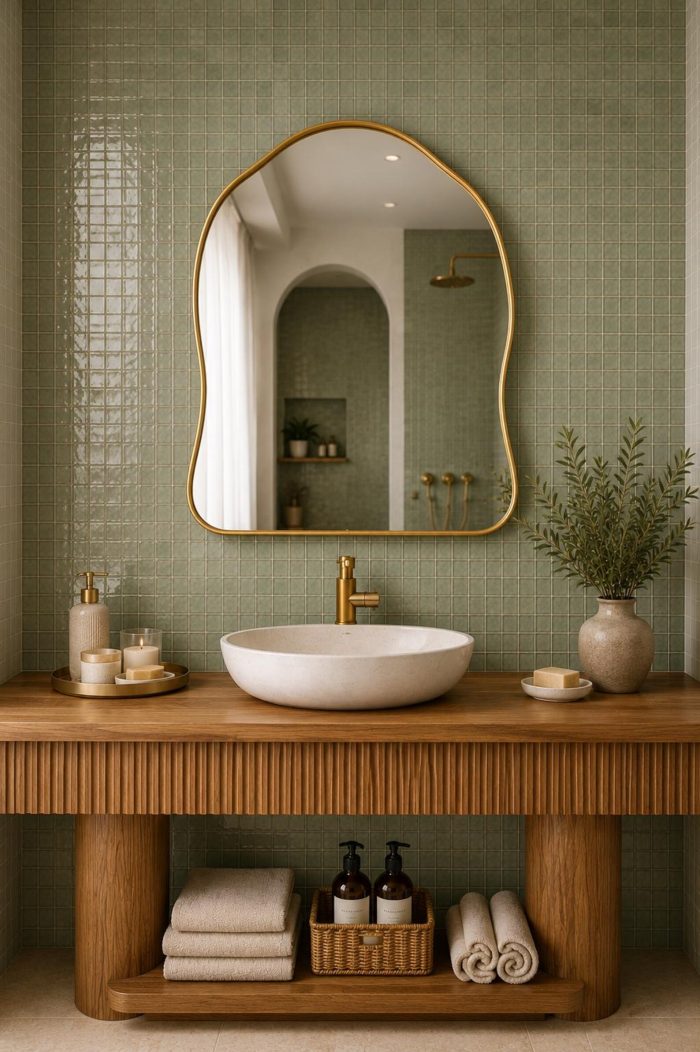 Handmade organic curved brass vanity mirror with freeform solid brass frame in bathroom interior.