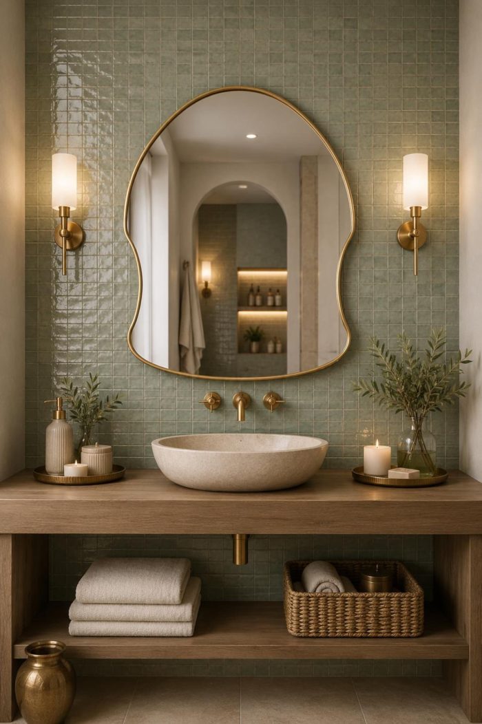 Arched freeform brass wall mirror with solid brass frame and clear glass above a bathroom vanity.