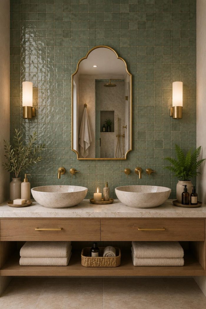 Handmade triple arch brass wall mirror with solid brass frame and clear glass displayed above a bathroom vanity.