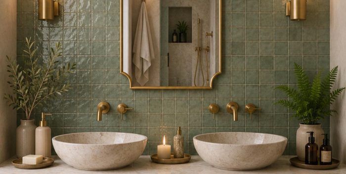 Handmade triple arch brass wall mirror with solid brass frame and clear glass displayed above a bathroom vanity.