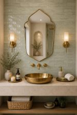 Handmade pointed arch brass vanity mirror with clear glass, solid brass frame and symmetrical pointed silhouette above a bathroom vanity.