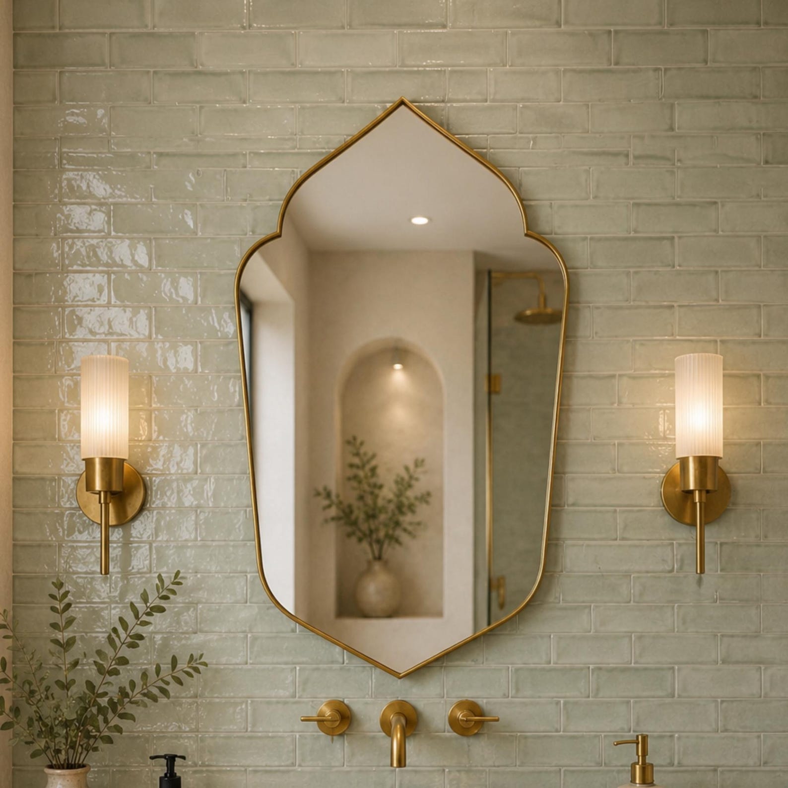 il_1588xN.8000444368_93c8 Handmade pointed arch brass vanity mirror with clear glass, solid brass frame and symmetrical pointed silhouette above a bathroom vanity.
