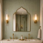 Handmade pointed arch brass wall mirror with curved shoulders and slim solid brass frame above a double bathroom vanity.
