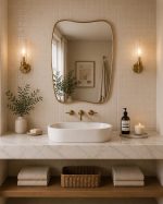 Organic Brass Mirror handcrafted with an irregular solid brass frame for modern bathroom wall décor