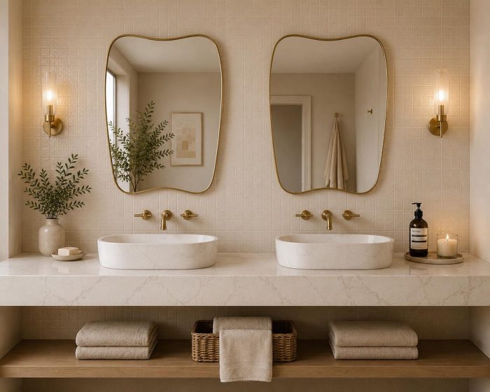 Organic Brass Mirror handcrafted with an irregular solid brass frame for modern bathroom wall décor
