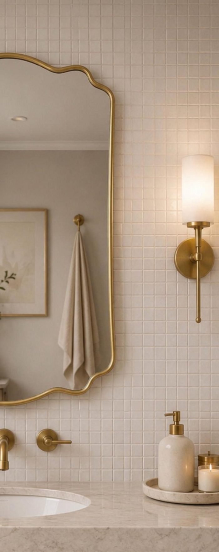 Scalloped Arch Brass Mirror handcrafted with a solid brass frame for bathroom wall décor