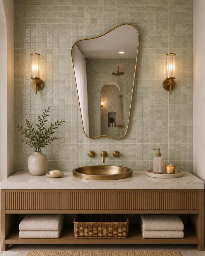 Organic Brass Mirror with irregular asymmetrical frame above a bathroom vanity