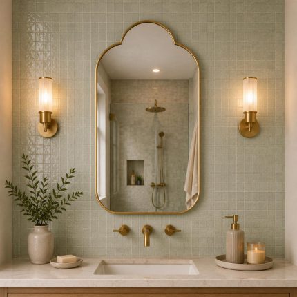 Clover Arch Brass Mirror with handcrafted brass frame styled above a modern bathroom vanity