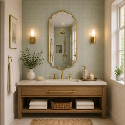 Handmade Moroccan Scalloped Brass Mirror with decorative floral shape above bathroom vanity