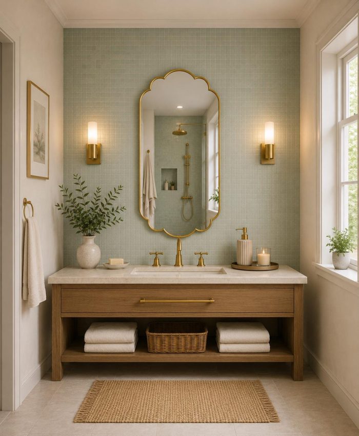 Handmade Moroccan Scalloped Brass Mirror with decorative floral shape above bathroom vanity