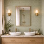 Handmade rectangular brass wall mirror with slim solid brass frame displayed above a double bathroom vanity.