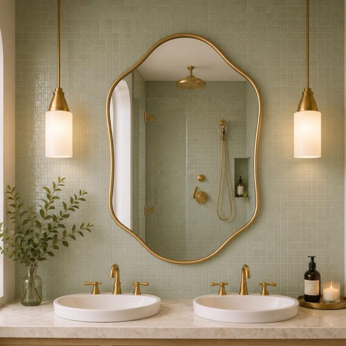 Handmade sculpted oval brass wall mirror with flowing curved edges and solid brass frame above double bathroom vanity.