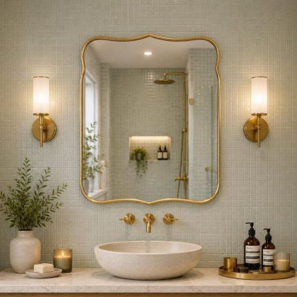 Handmade Curved Edge Brass Mirror with sculpted frame in tiled bathroom
