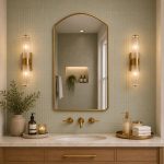 Rounded Arch Brass Mirror above bathroom vanity with handmade brass frame