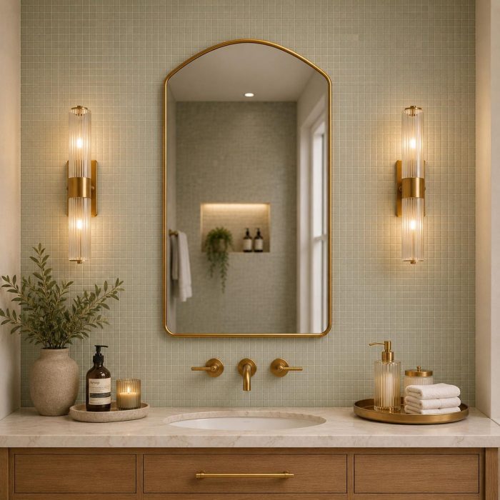Rounded Arch Brass Mirror above bathroom vanity with handmade brass frame