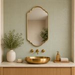 Scalloped Arch Brass Mirror above brass vessel sink and green tiled bathroom wall