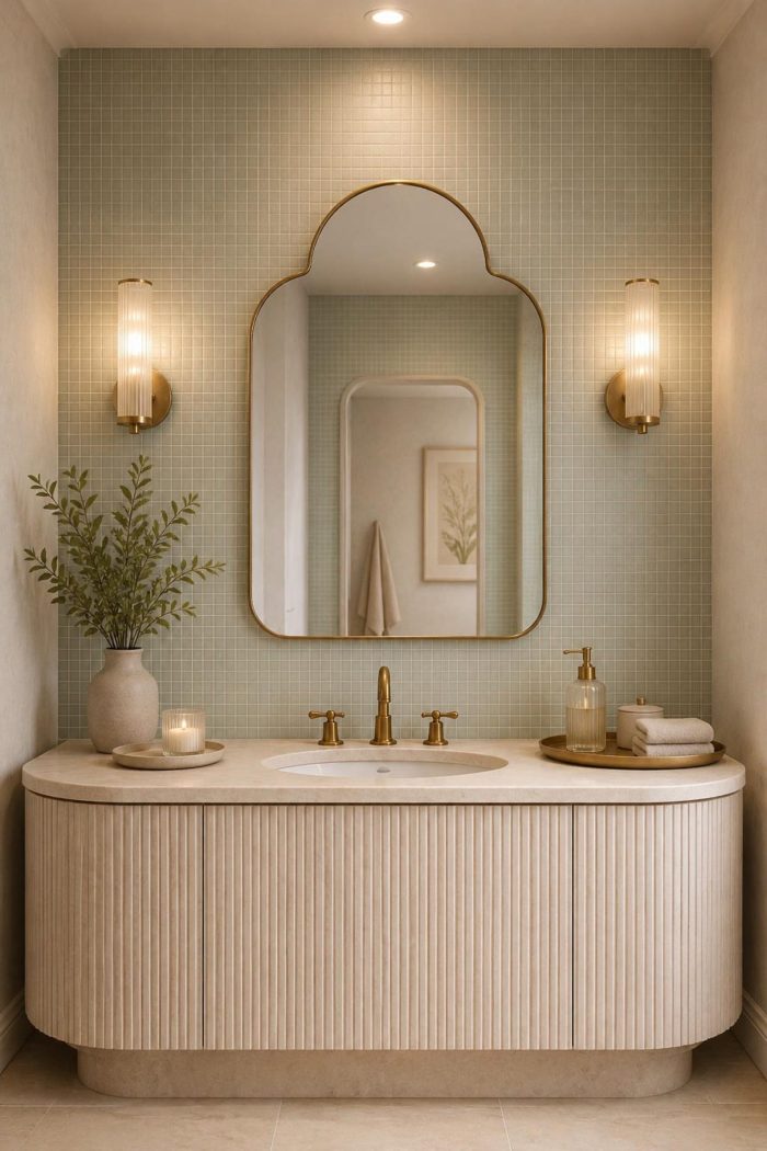 Handmade rounded crown brass wall mirror with clear glass and solid brass frame displayed above an elegant bathroom vanity.