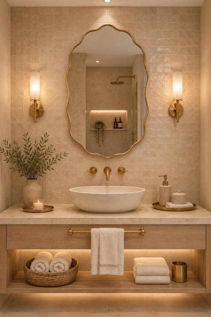 Handmade Scalloped Oval Brass Mirror with slim brass frame in bathroom interior