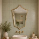 Pointed Moroccan Brass Mirror above bathroom vanity with green tile wall