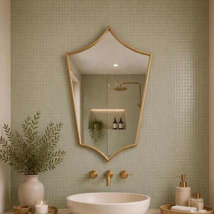 Pointed Moroccan Brass Mirror above bathroom vanity with green tile wall